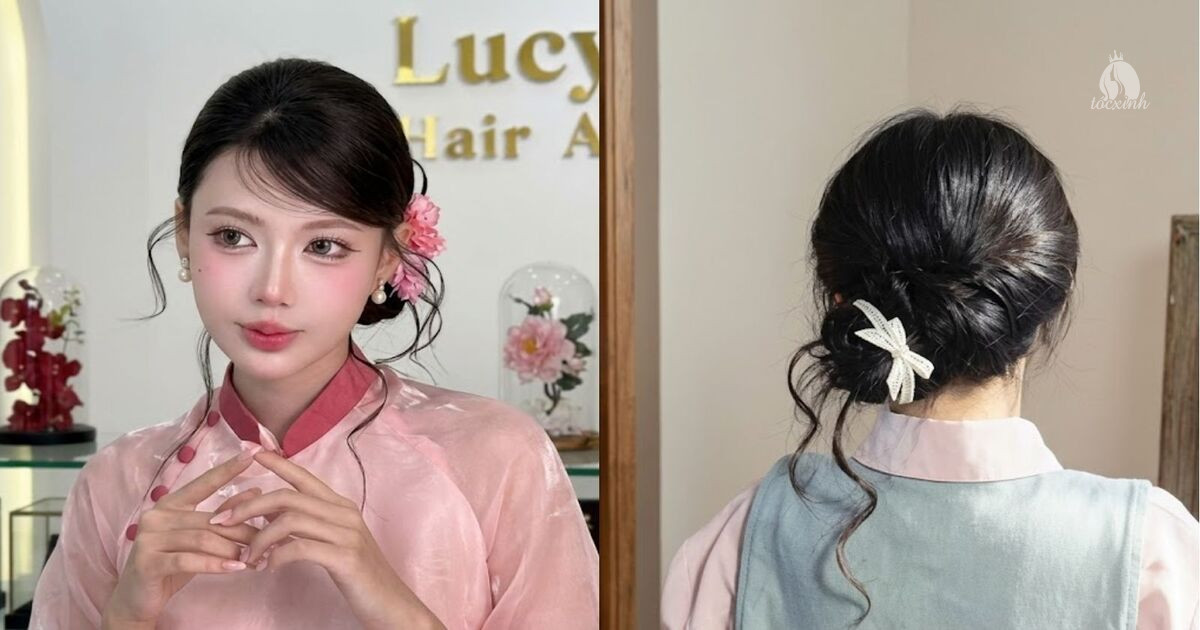 Kiểu tóc mặc áo dài cho người trung niên búi trễ lệch bên