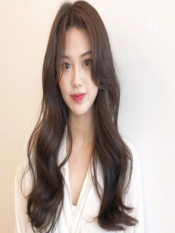 Tóc giả nguyên đầu dài 28 Tóc giả nguyên đầu dài xoăn lơi màu hạt dẻ bằng tóc thật siêu da đầu