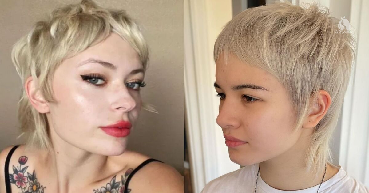 Tóc tém mullet nữ layer lộn xộn màu vàng blonde