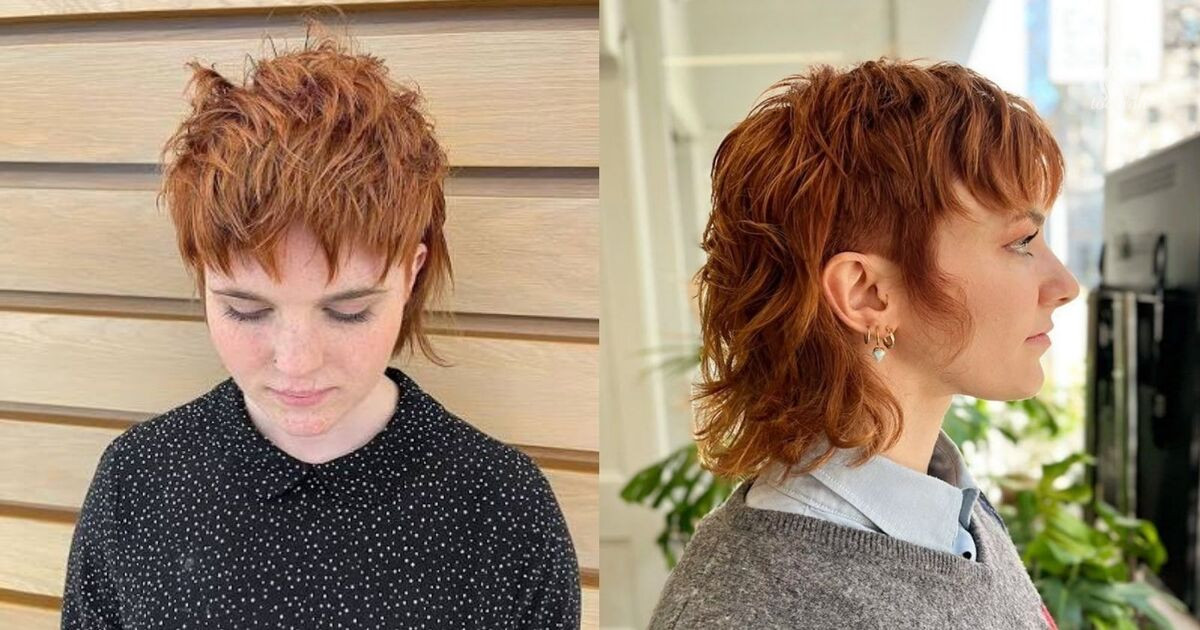 Tóc tém mullet nữ mái siêu ngắn màu đồng ánh đồng