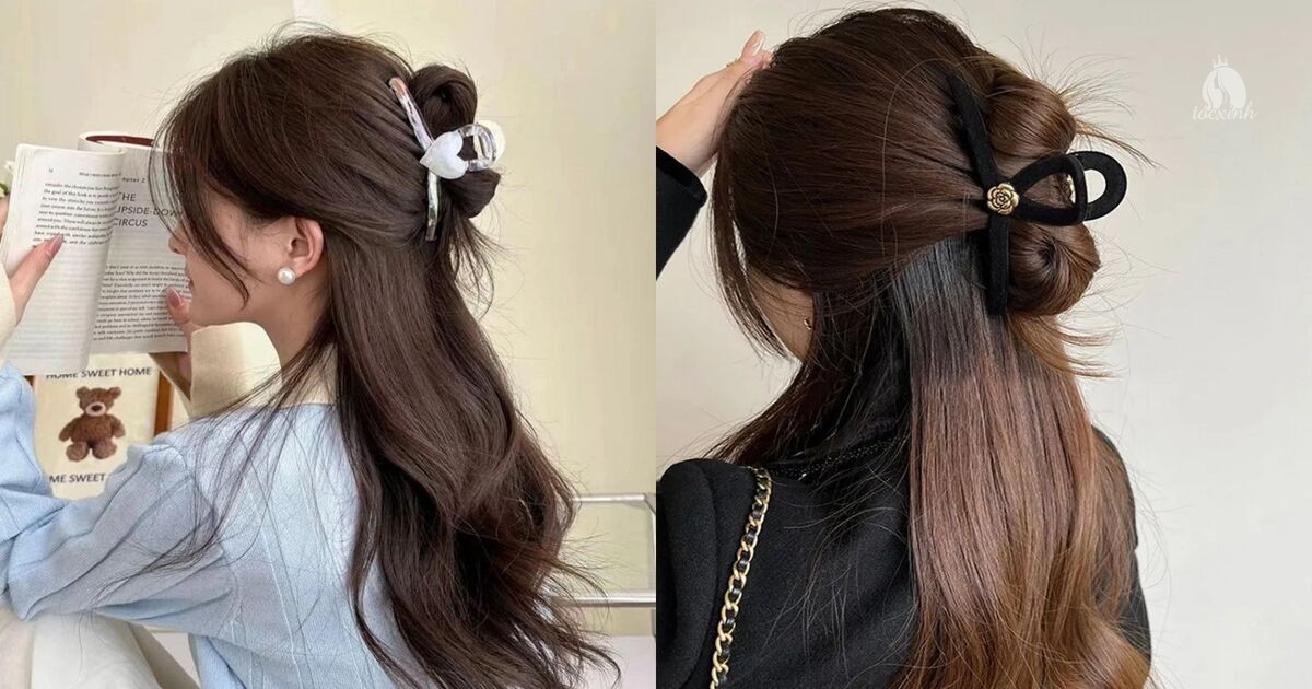 Búi tóc nửa đầu bằng kẹp càng cua