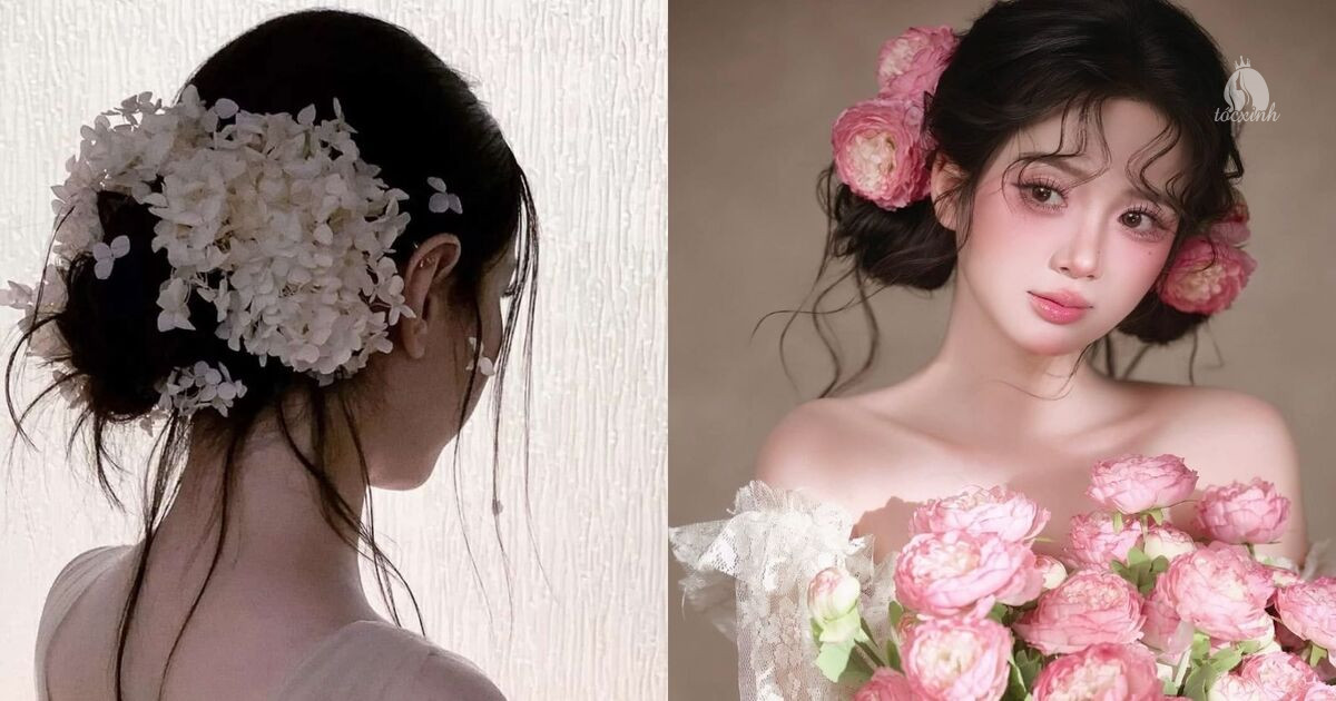 Kiểu tóc búi cổ trang cài hoa tươi