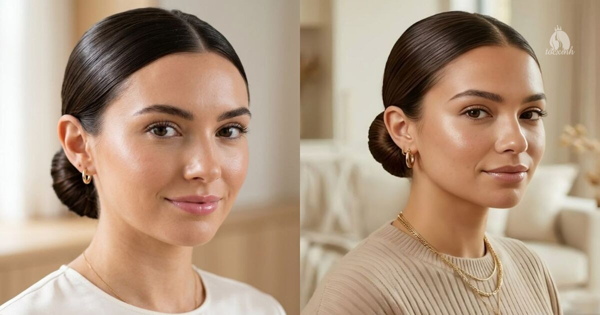 Mẫu tóc búi rẽ ngôi giữa