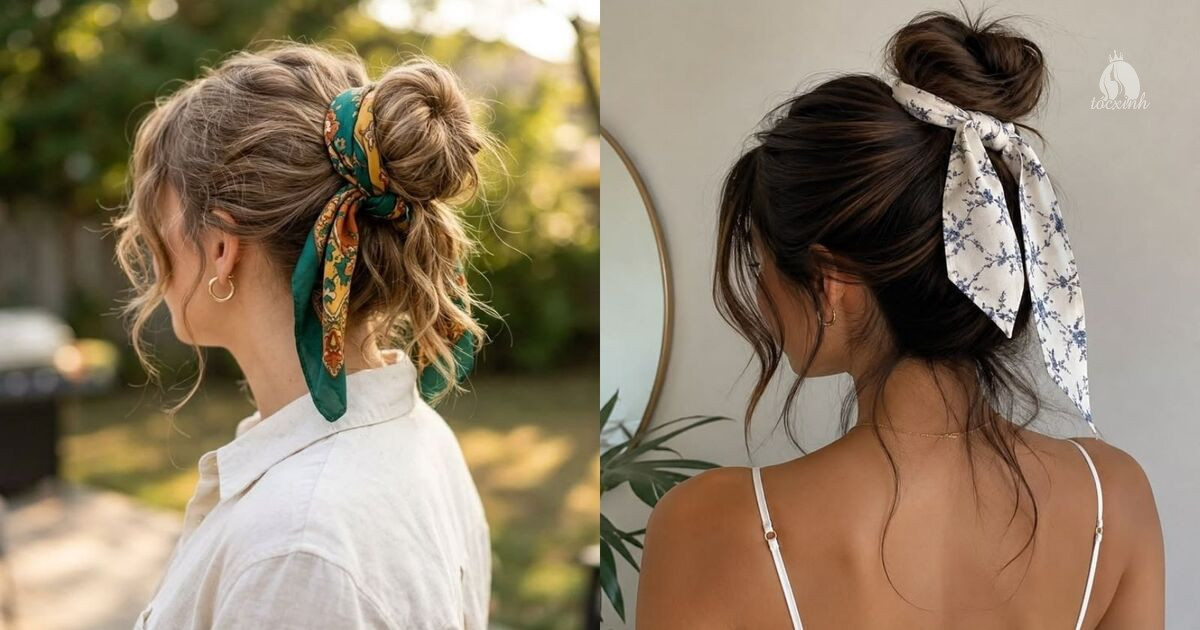 15+ Cách búi tóc không bị già, vừa trẻ trung vừa dễ làm tại nhà 35 Tóc búi bằng khăn Bandana