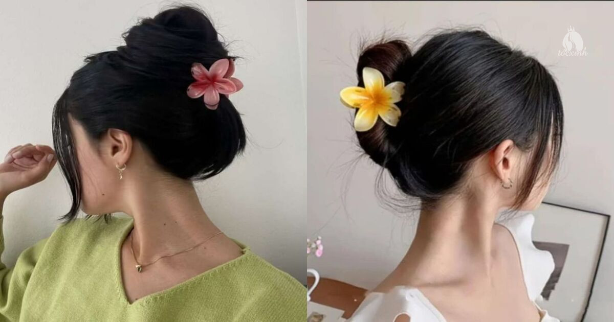 20+ kiểu tóc búi Hàn Quốc đẹp cho nàng đi học, đi làm và dự tiệc 42 Tóc búi kẹp gắp hoa sứ style Hàn