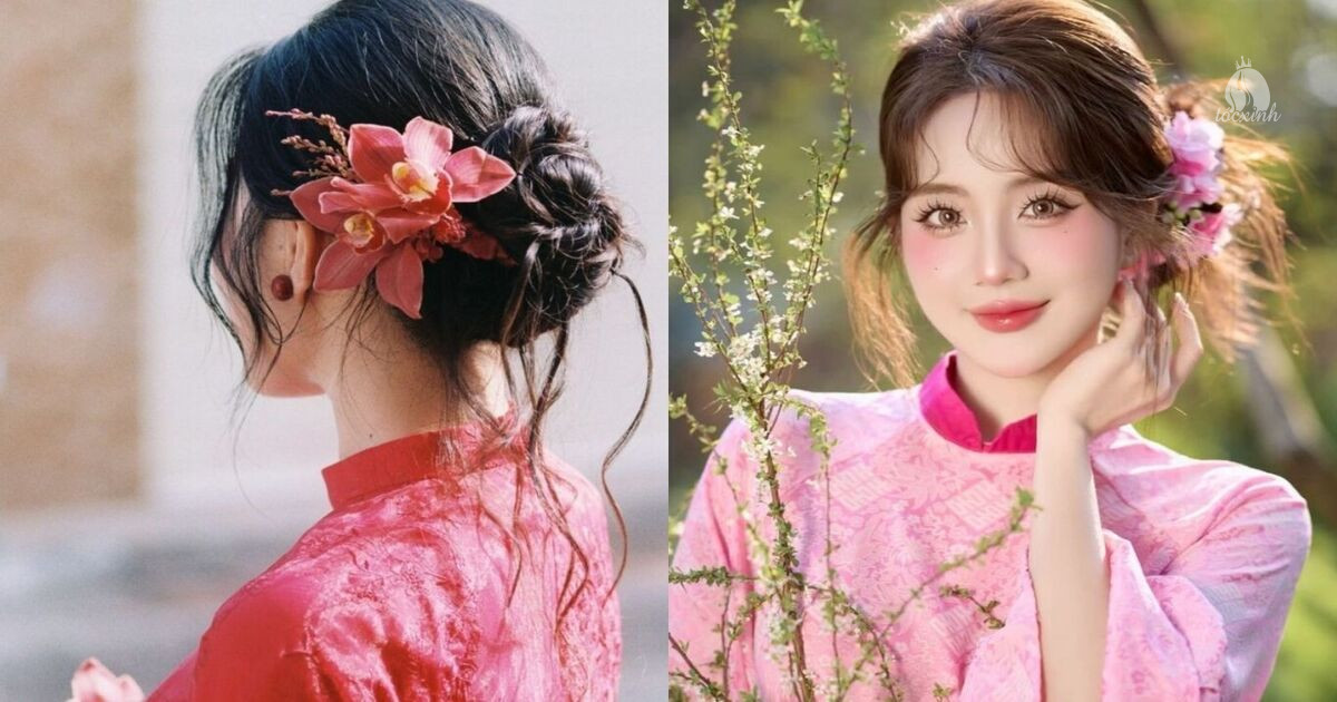 25+ Cách búi tóc mặc áo dài đẹp, trẻ trung, dễ làm dịp Tết, kỷ yếu 37 Tóc búi tết hoa hồng đẹp diện áo dài
