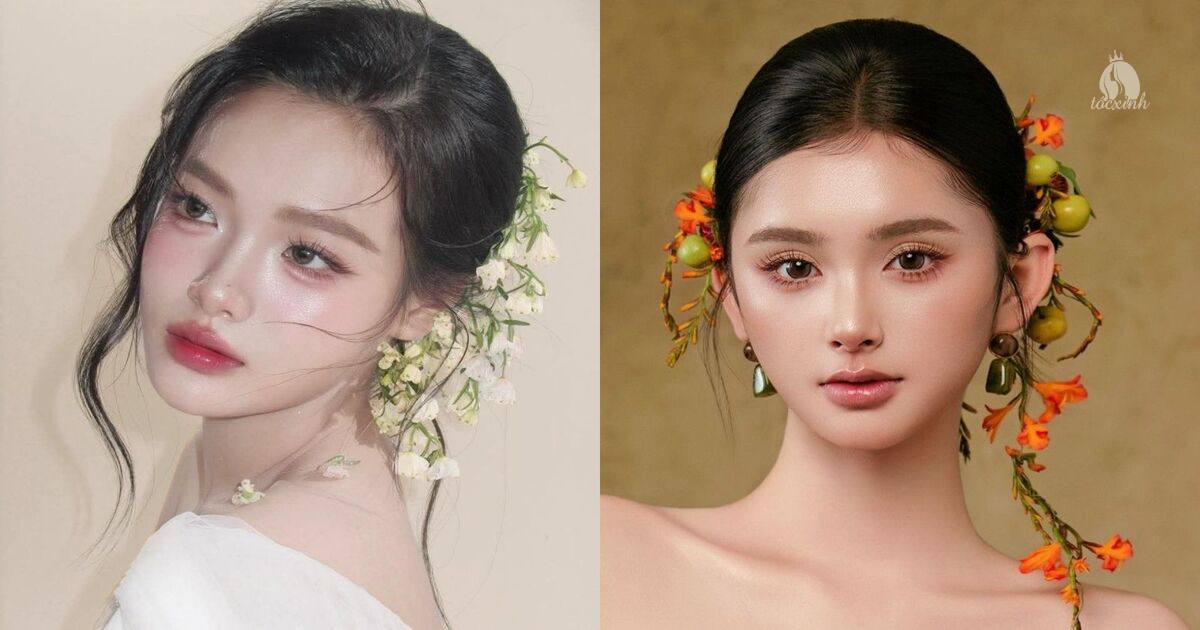 25+ Cách búi tóc mặc áo dài đẹp, trẻ trung, dễ làm dịp Tết, kỷ yếu 41 Tóc búi thấp cài hoa tươi